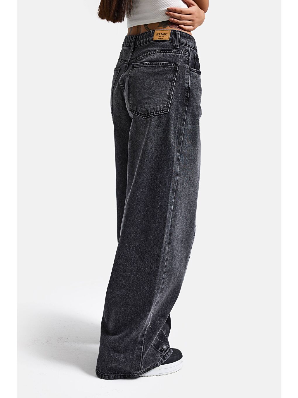 Gri Kadın Füme Renk 4s6-14 Süper Baggy Paça Detaylı Tasarım Denim Jean-2