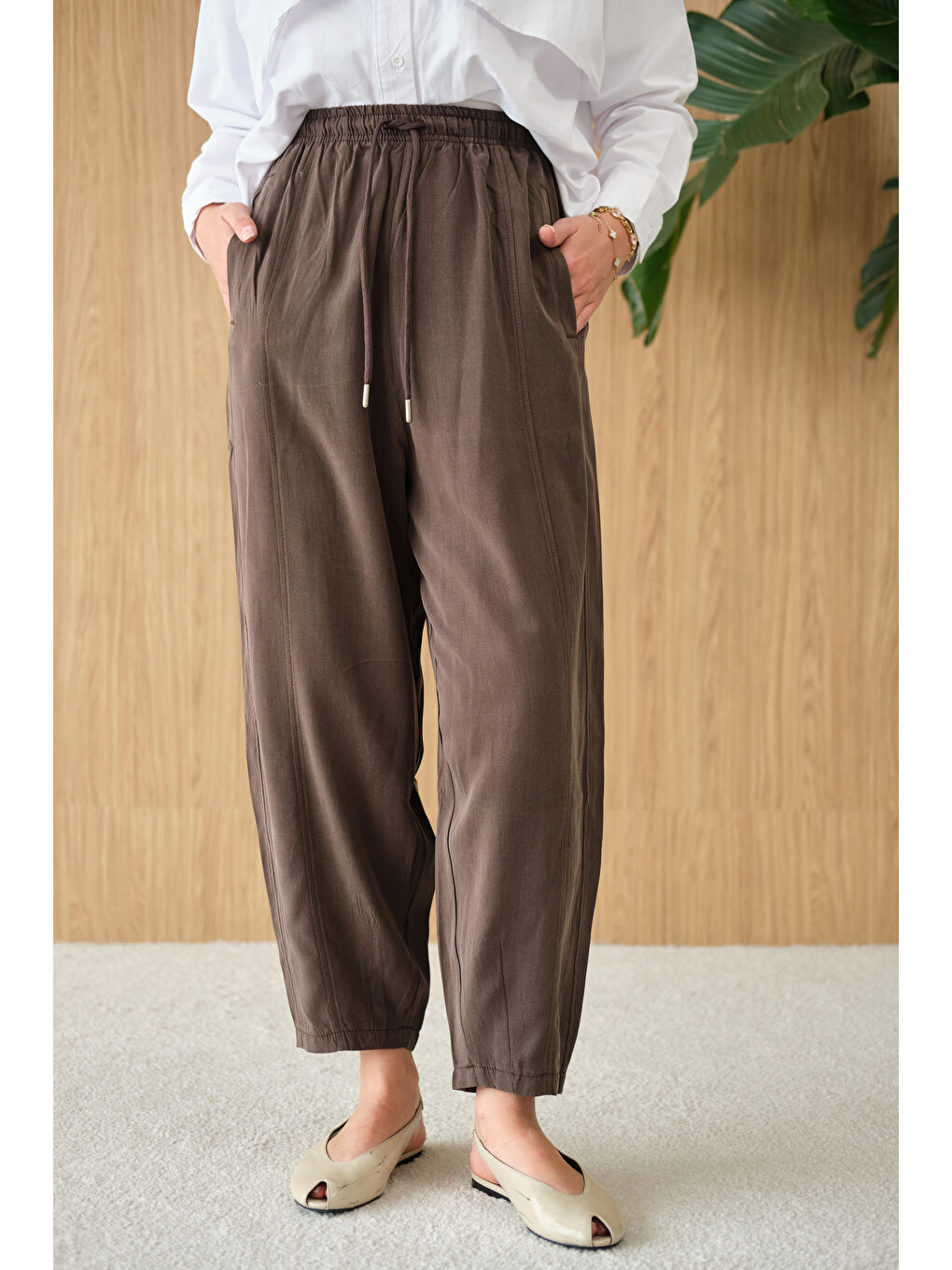 Kadın Şalvar Kesim Beli Ayarlanabilir Pantolon Kahverengi-4