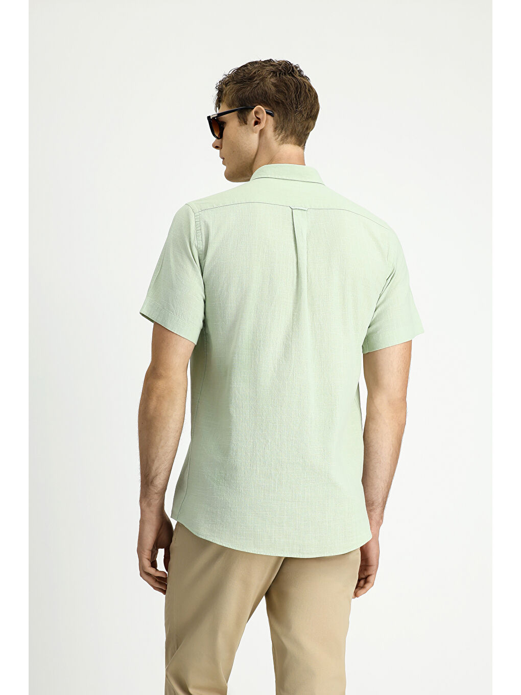 Turkuaz Kısa Kol Relax Fit Düğmeli Yaka Keten Görünümlü Pamuk Spor %100 Pamuk Gömlek-4