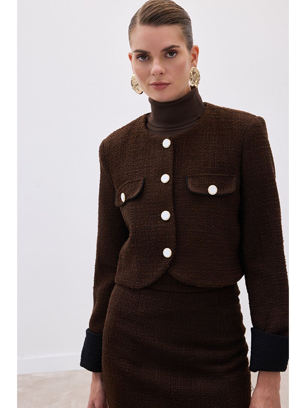 Kahverengi Kontrast Kısa Tüvit Ceket - Kahve-5