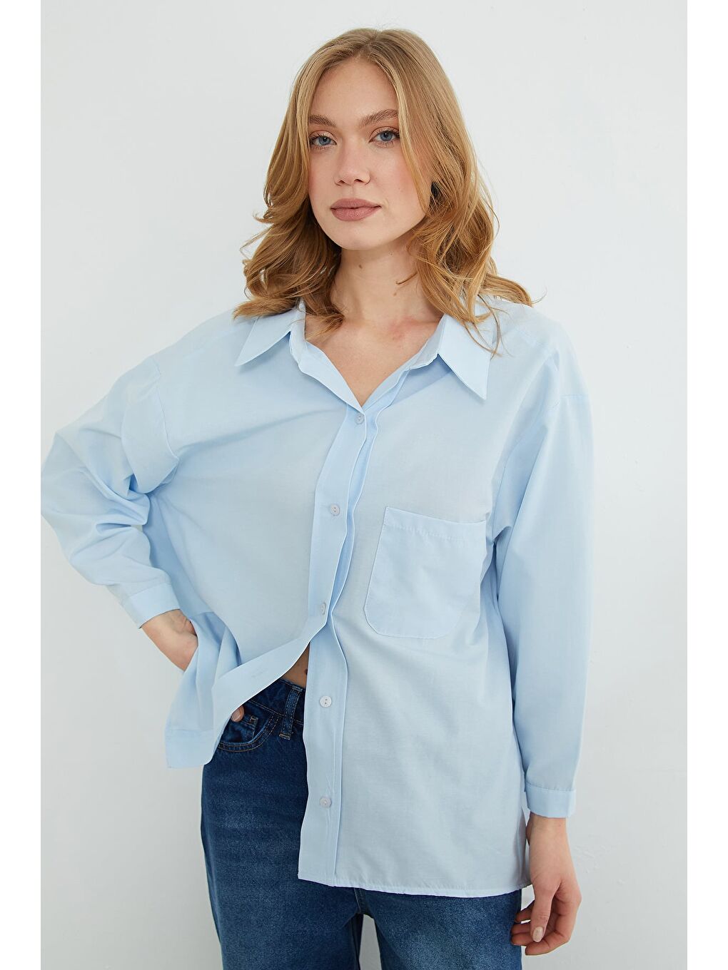 Mavi Basic Tek Cepli Oversize Gömlek-1