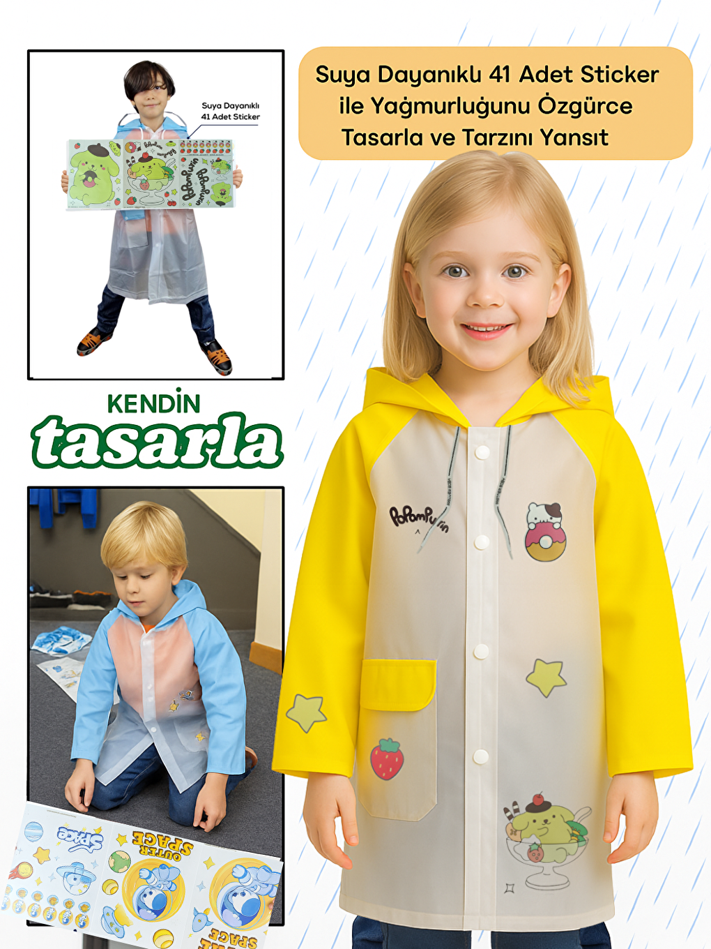 Sarı Kendin Tasarla Kız Çocuk Yağmurluk-1