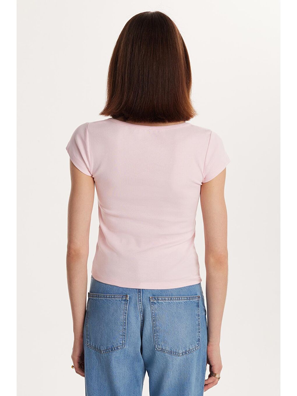 Kadın Slim Fit Dar Kesim Pamuklu Kısa Kollu U Yaka Pembe Bluz-4