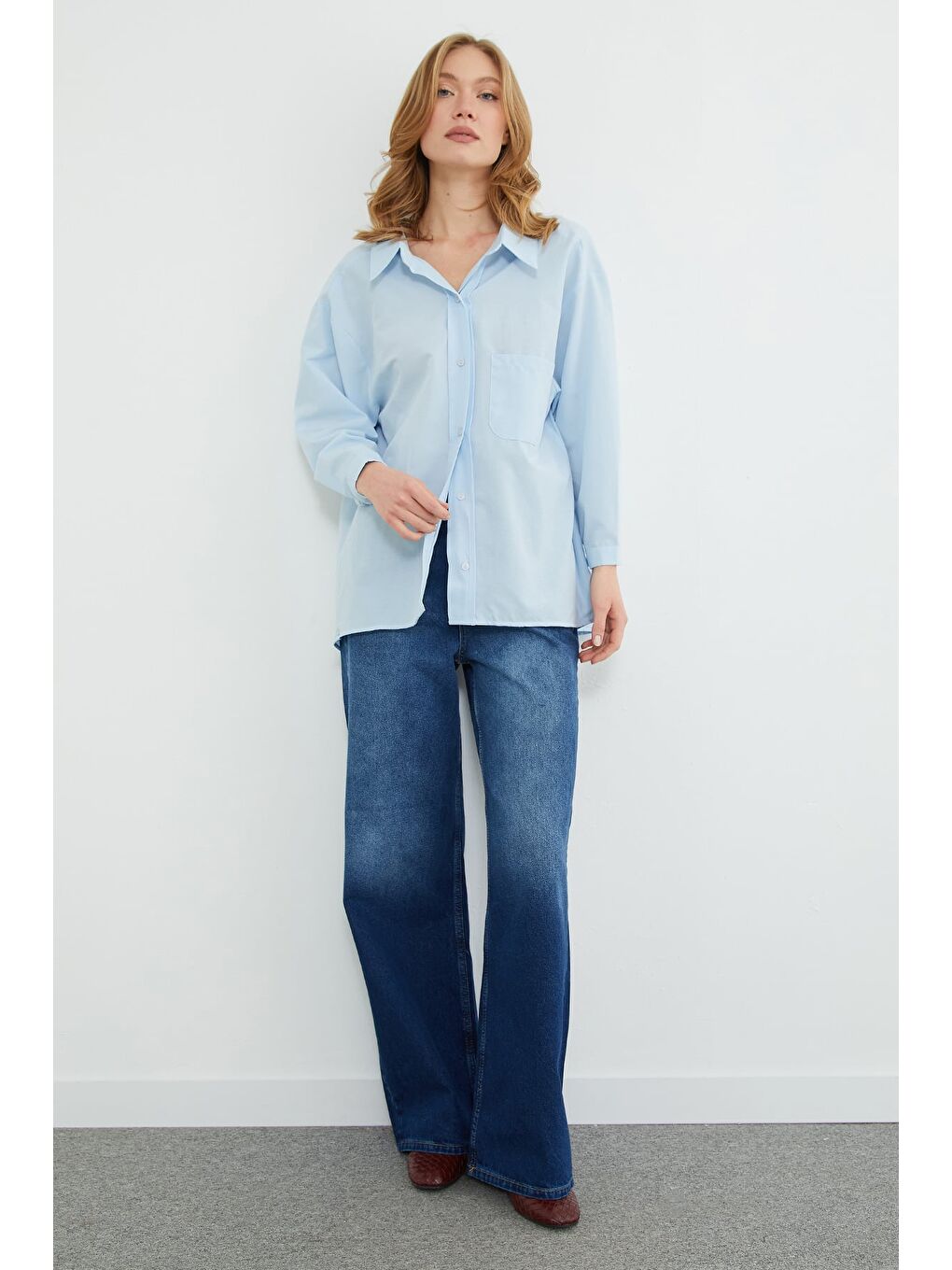 Mavi Basic Tek Cepli Oversize Gömlek-2