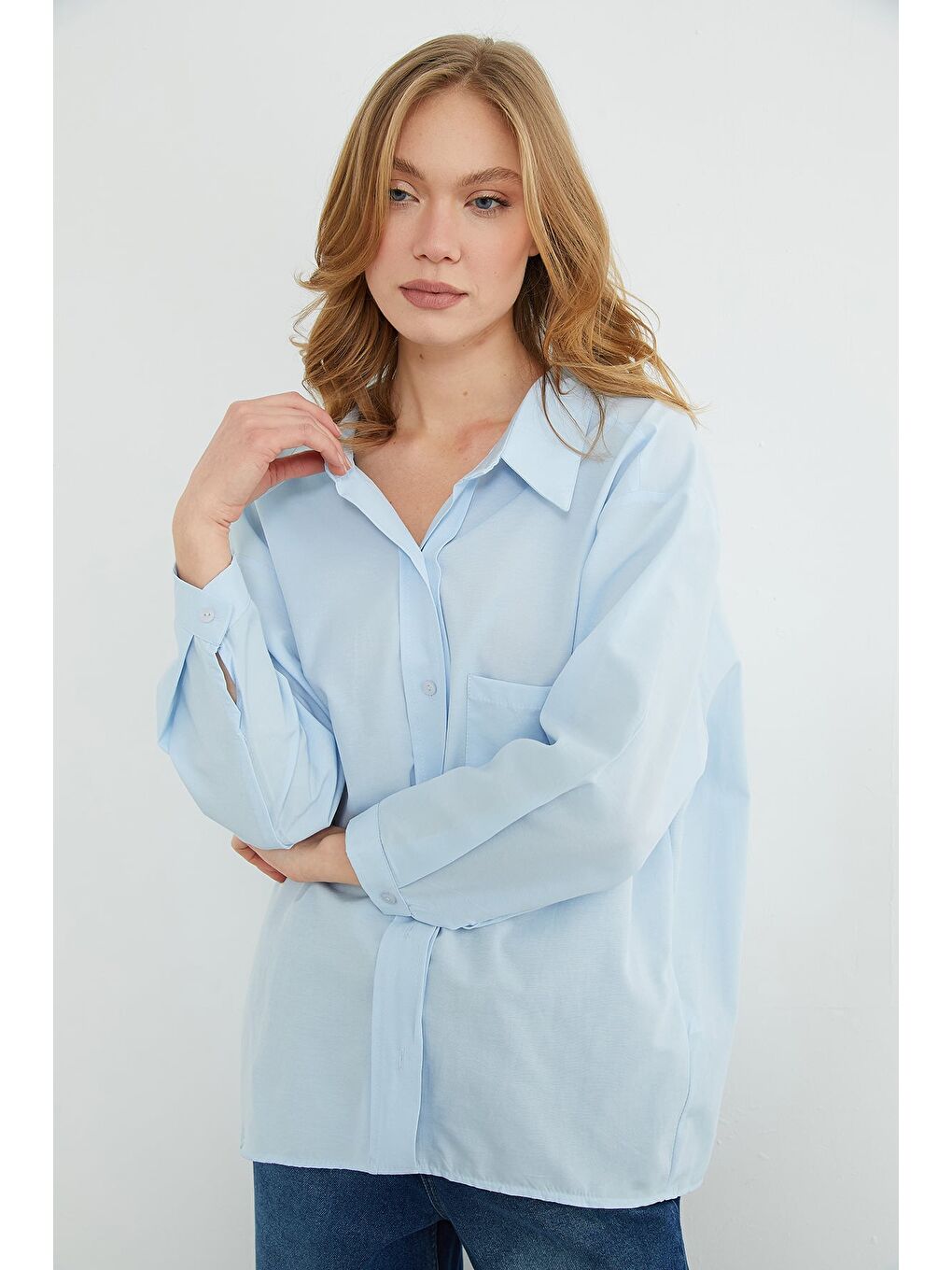 Mavi Basic Tek Cepli Oversize Gömlek-3