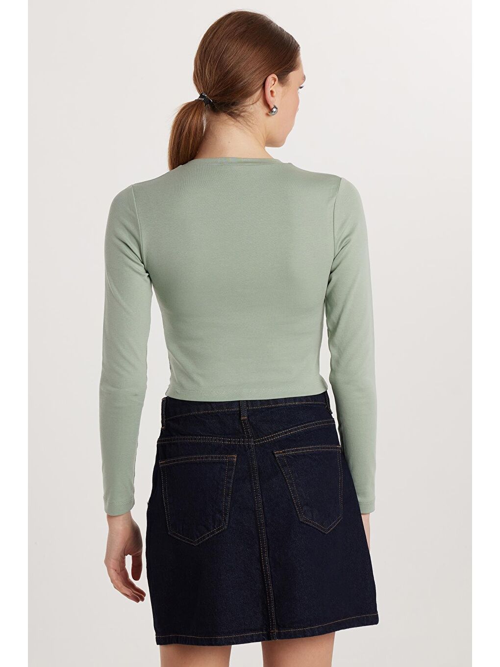 Kadın Slim Fit Pamuklu Uzun Kol Düz Yeşil Bisiklet Yaka Bluz-4