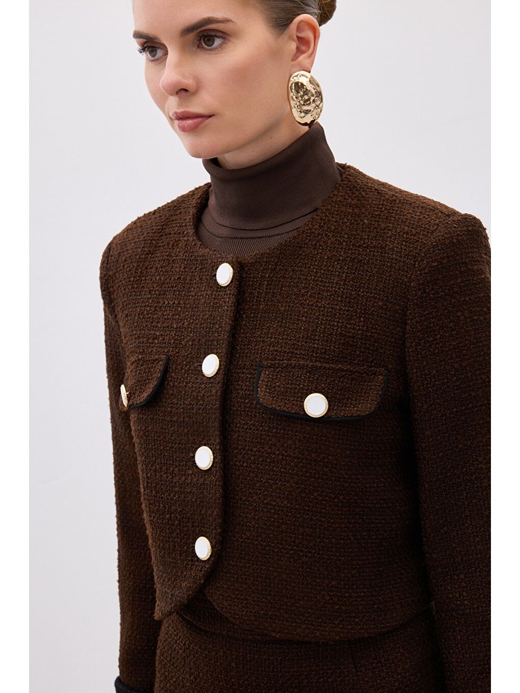 Kahverengi Kontrast Kısa Tüvit Ceket - Kahve-6