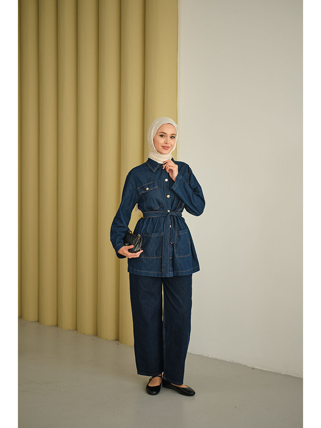 Kadın Cep Detay Bel Bağlamalı Jean Takım Lacivert