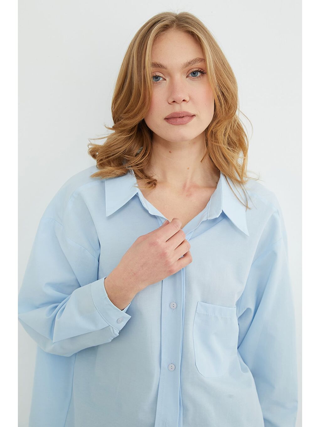 Mavi Basic Tek Cepli Oversize Gömlek-4