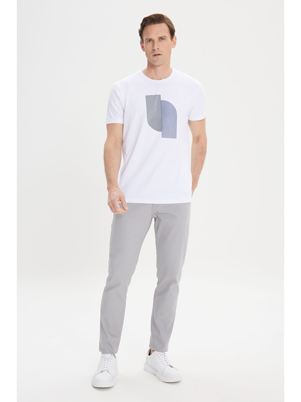 Erkek Beyaz Slim Fit Dar Kesim Pamuklu Esnek Baskılı Bisiklet Yaka Tişört-1