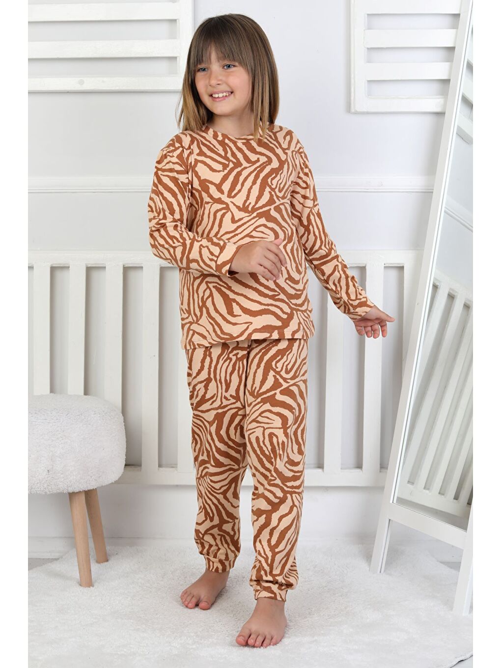 Kahverengi Kaplan Desenli Kız Çocuk Pijama Takımı-6