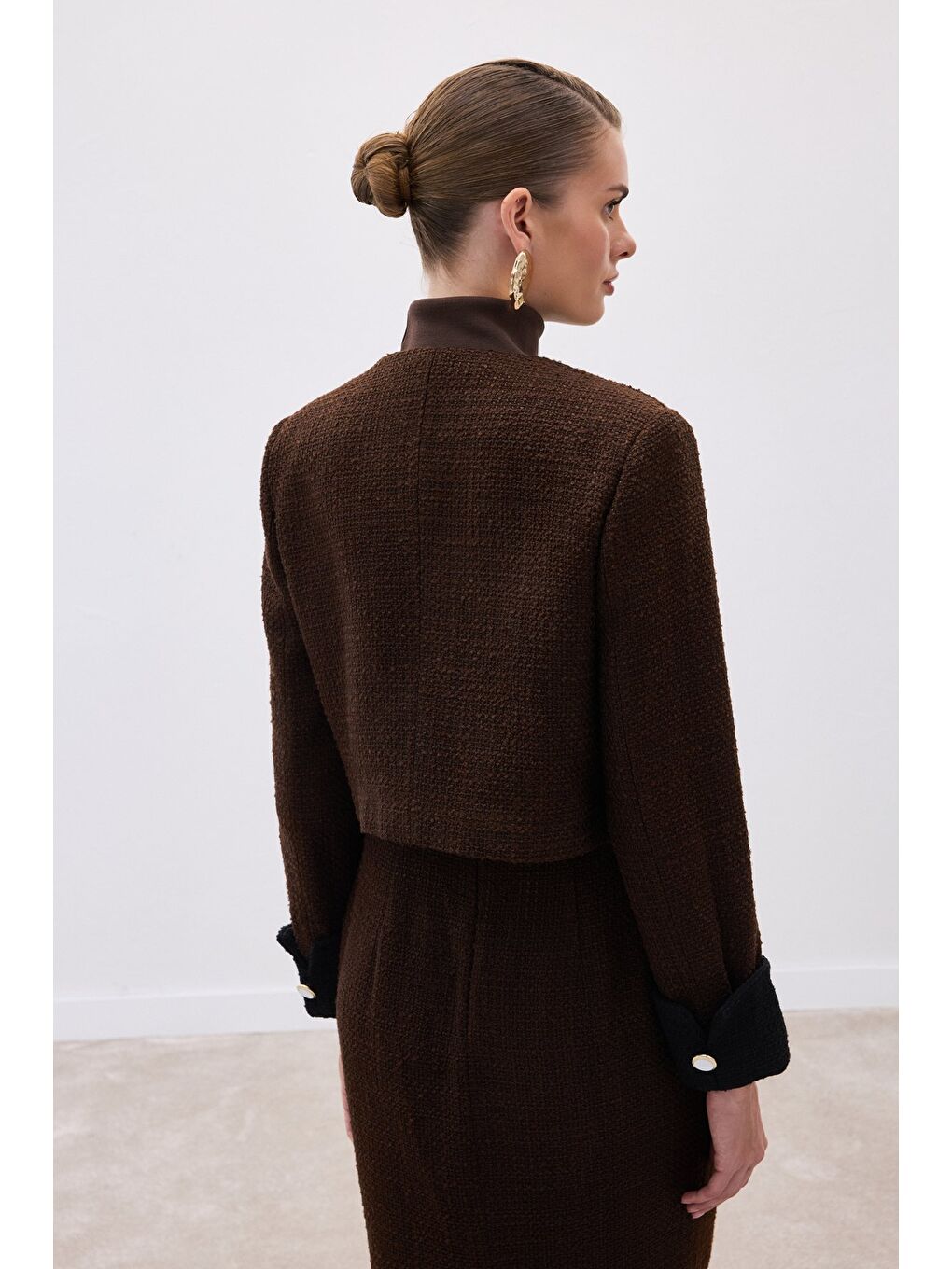Kahverengi Kontrast Kısa Tüvit Ceket - Kahve-7