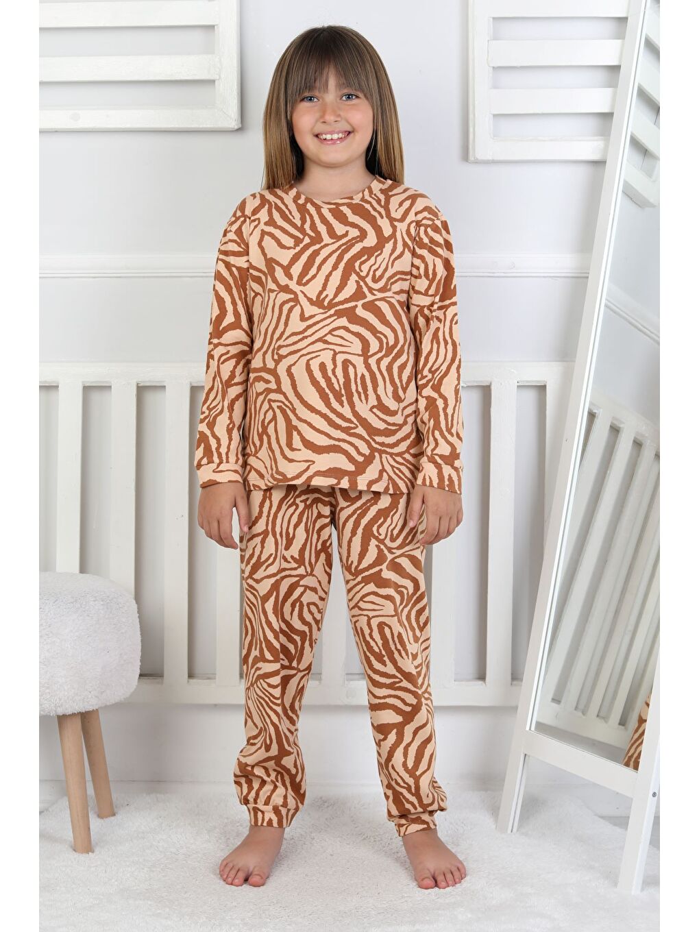 Kahverengi Kaplan Desenli Kız Çocuk Pijama Takımı-7