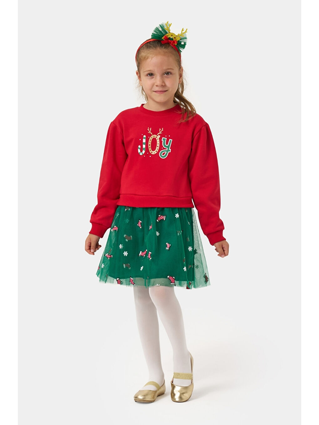 Kırmızı Joy Baskılı Tül Etekli Kız Çocuk Elbise - Fragile