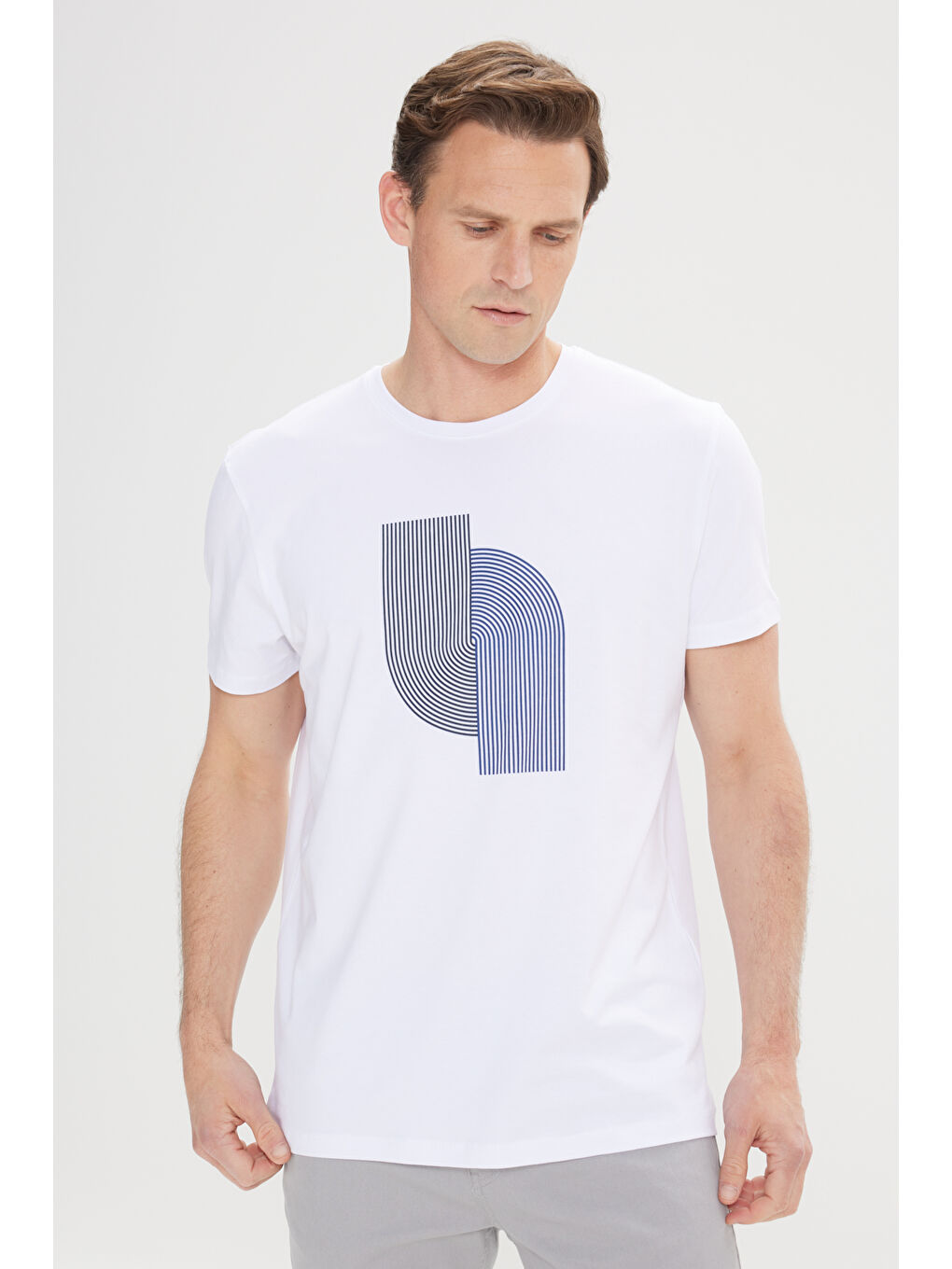 Erkek Beyaz Slim Fit Dar Kesim Pamuklu Esnek Baskılı Bisiklet Yaka Tişört-2