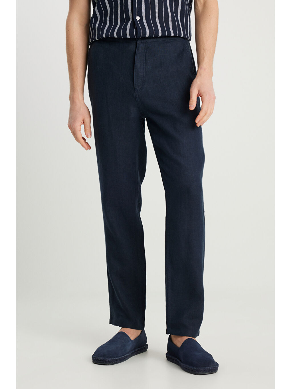 %100 Keten Regular Fit Normal Kesim Normal Bel Düz Paça Lacivert Pantolon-2