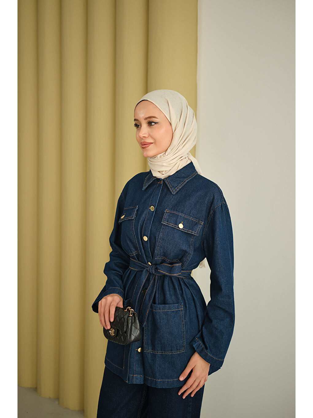Kadın Cep Detay Bel Bağlamalı Jean Takım Lacivert-1