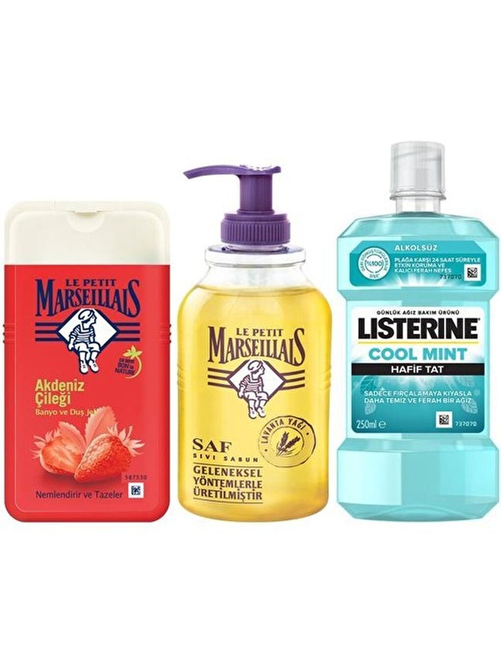 Le Petit Marseillais Renksiz Çilek Duş Jeli + Lavanta Saf Sıvı Sabun + Listerine Cool Mint Hafif Tat 250 ml - 1