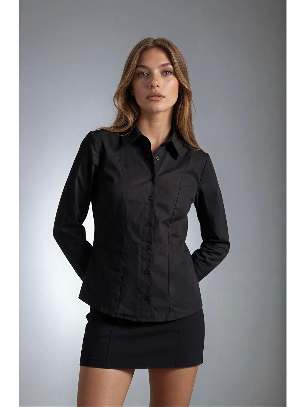 Siyah Vücuda Oturan Slim Fit Kadın Gömlek Mg2659-1