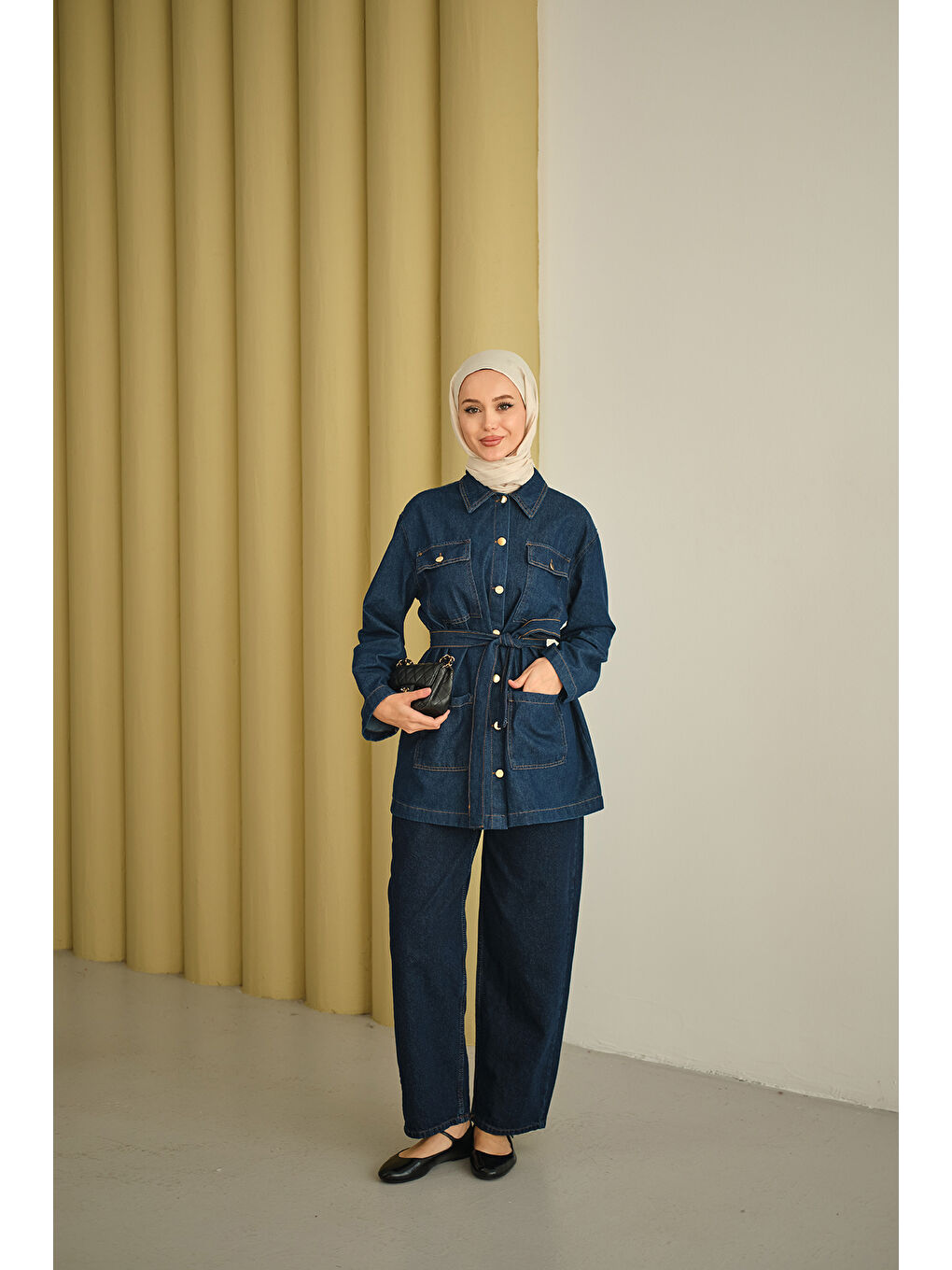 Kadın Cep Detay Bel Bağlamalı Jean Takım Lacivert-2