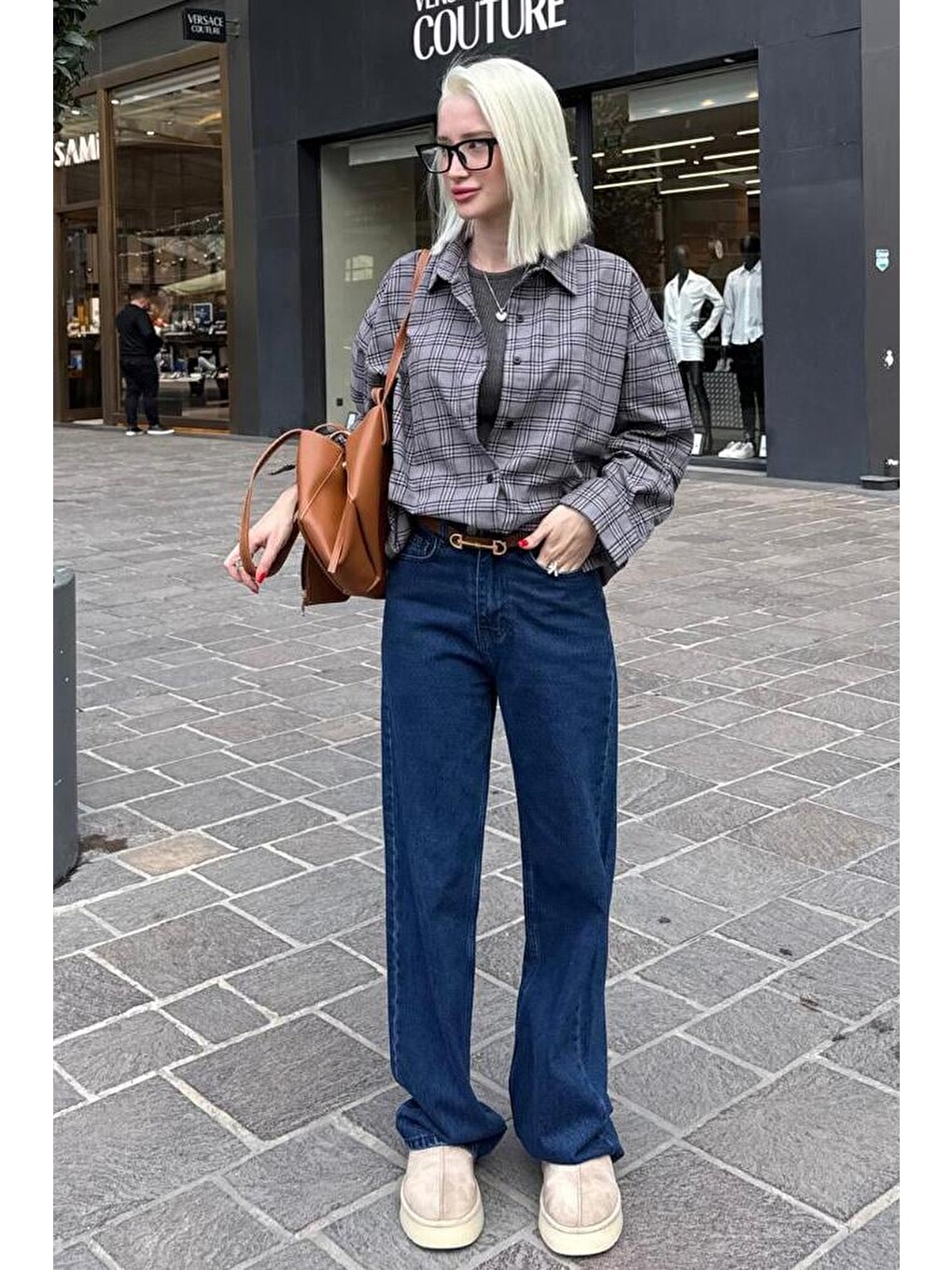 Gri Oversize Ekose Desenli Kadın Gömlek Mg2589-3