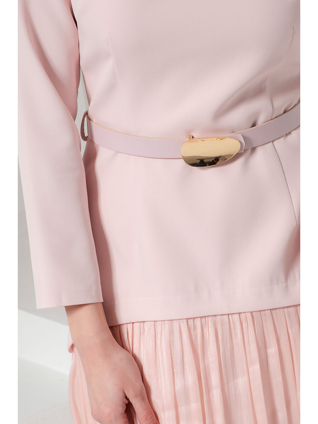 Pembe Kadın Pudra Kemerli Midi Abiye Elbise-3