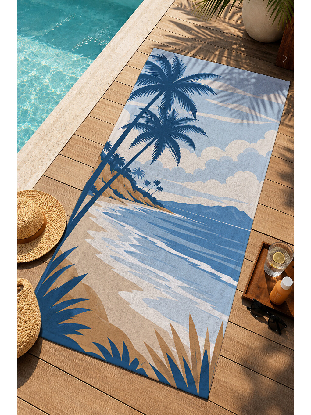 Retro Mavi Bej Palmiye Tropikal Sahil Manzaralı Desenli 70x150 Plaj Havlusu - Pamuklu Banyo Havlusu-3
