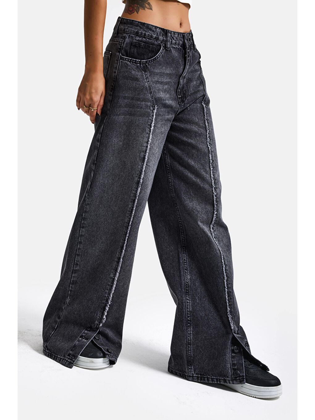 Gri Kadın Füme Renk 4s6-14 Süper Baggy Paça Detaylı Tasarım Denim Jean-5