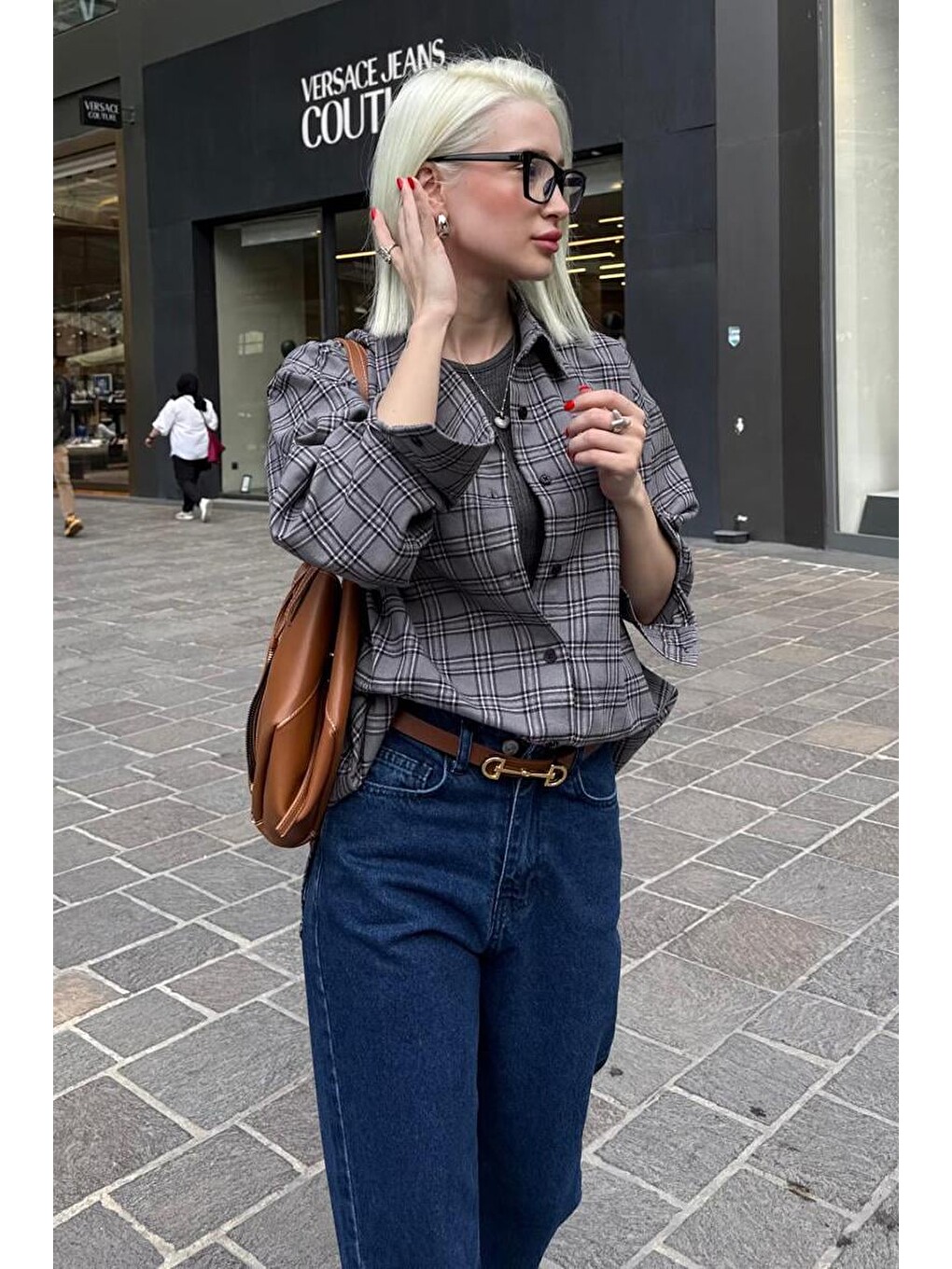 Gri Oversize Ekose Desenli Kadın Gömlek Mg2589-4
