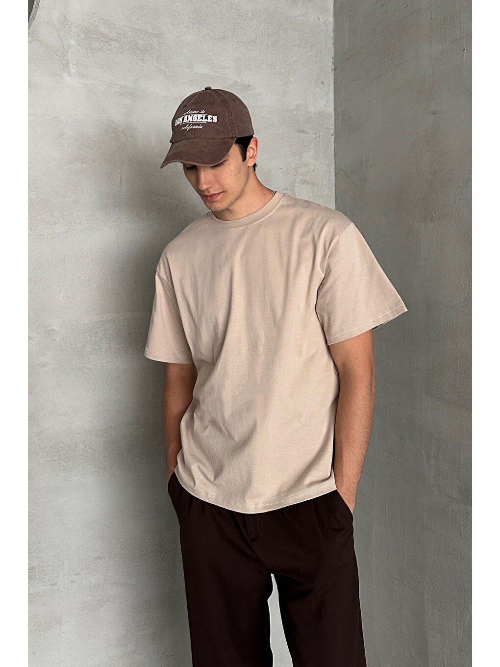 Bej Erkek %100 Pamuk Oversize Basic T-shirt-2