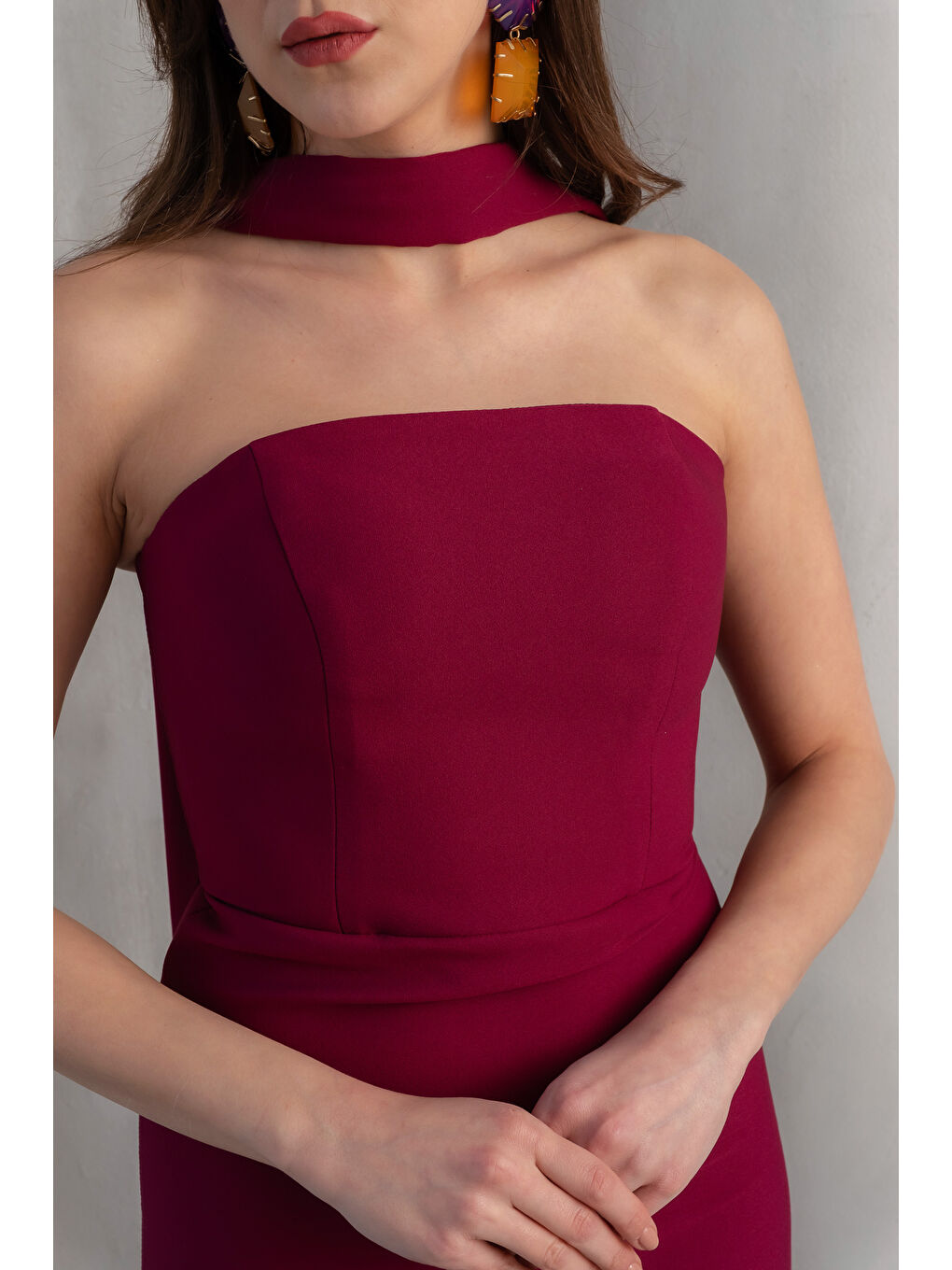 Kadın Mürdüm Dar Kalıp Şal Yaka Detay Uzun Abiye Elbise-3