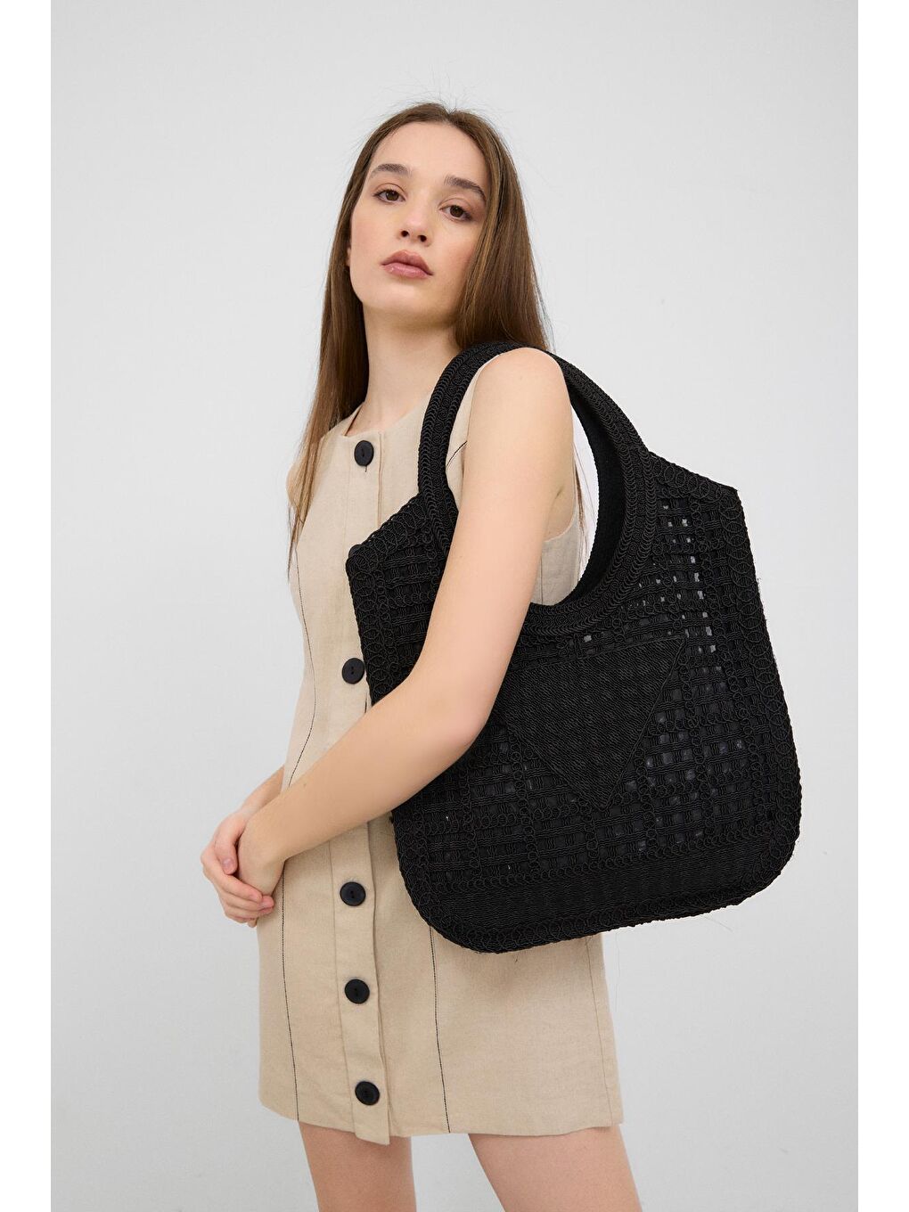 Vicolo Handmade Makrome Tote Çanta Siyah-1