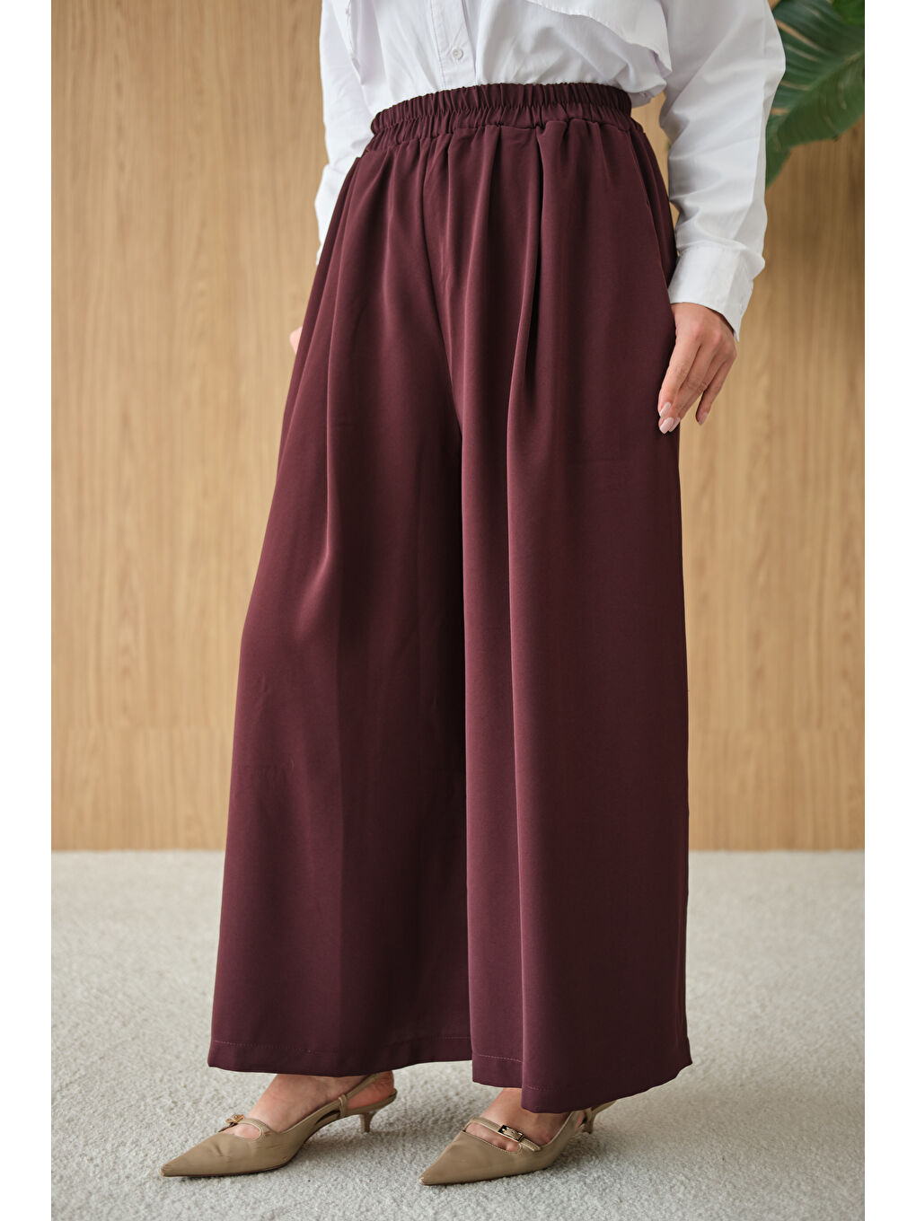 Kadın Beli Lastikli Bol Paça Kumaş Pantolon Mürdüm-1