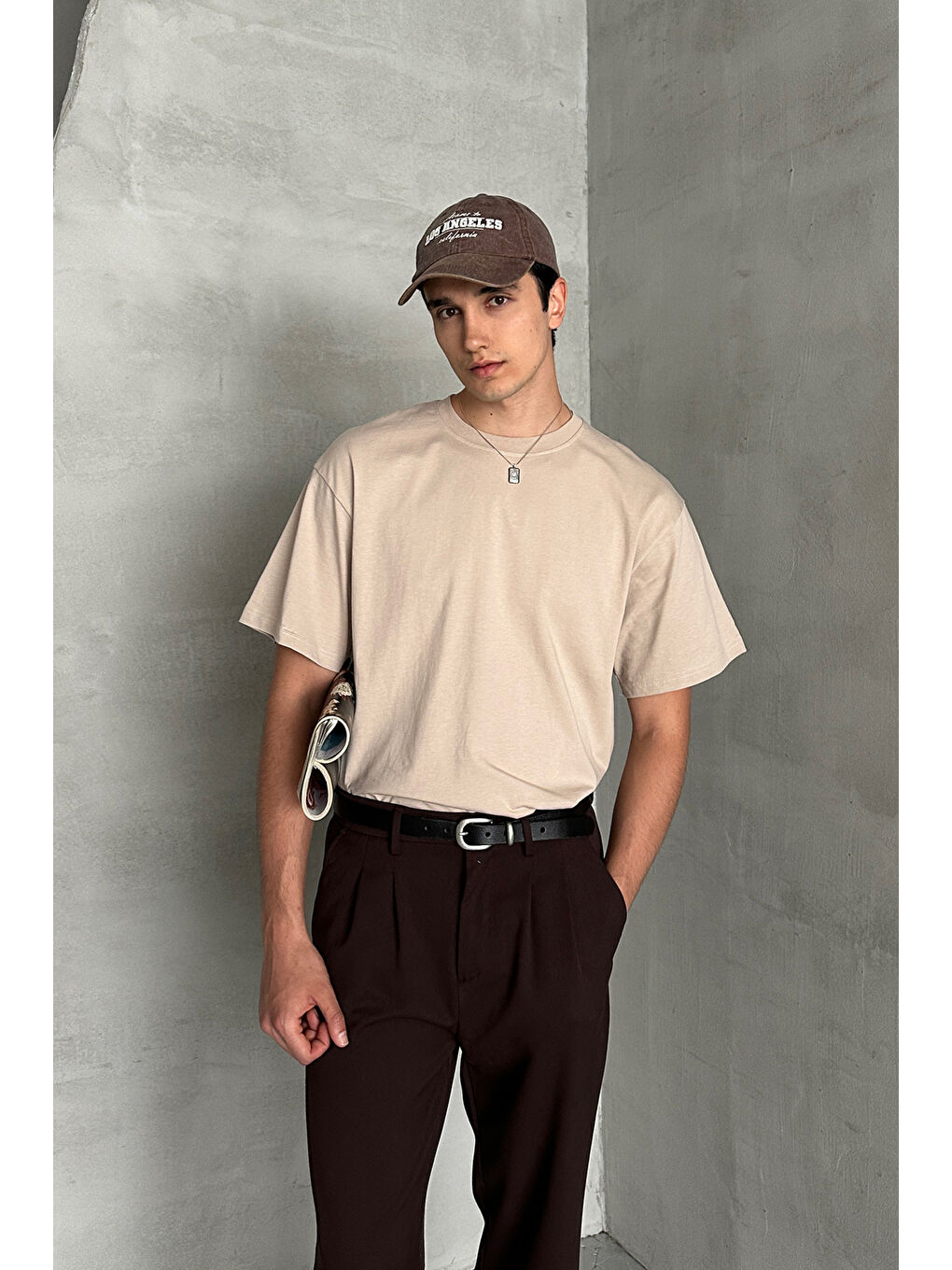 Bej Erkek %100 Pamuk Oversize Basic T-shirt-3