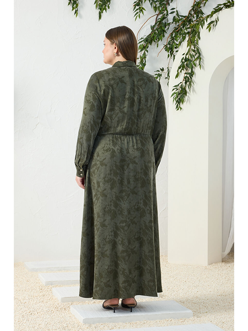 Haki Jakarlı Bağlama Detaylı Elbise-5