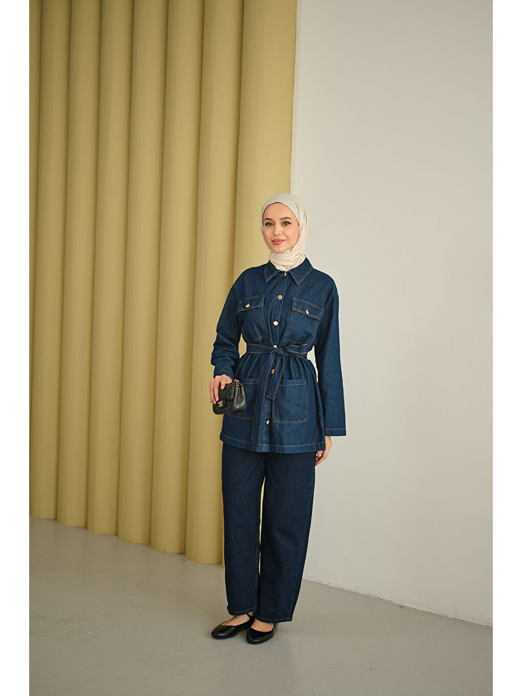 Kadın Cep Detay Bel Bağlamalı Jean Takım Lacivert-4