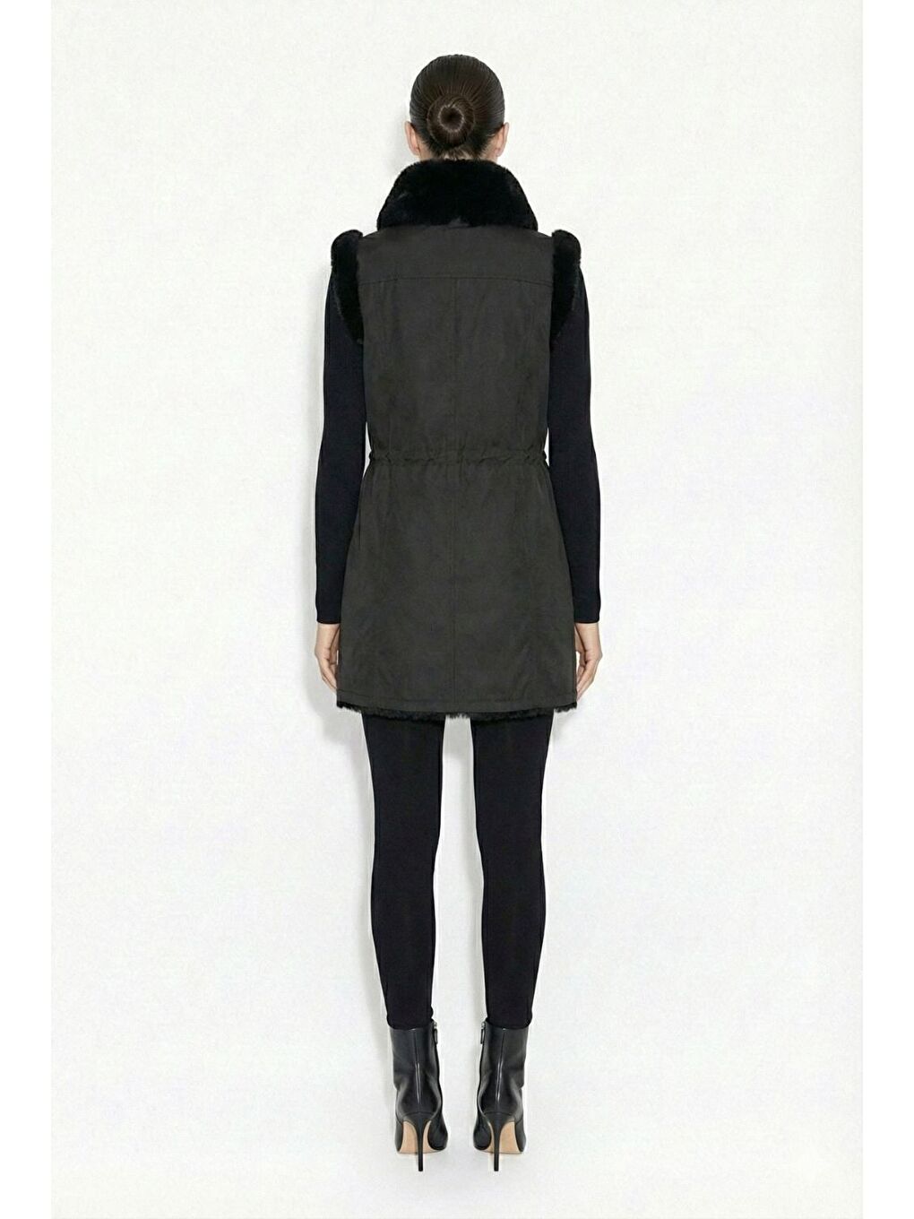 İçi Kürklü Bel Büzgülü Uzun Siyah Yelek-2