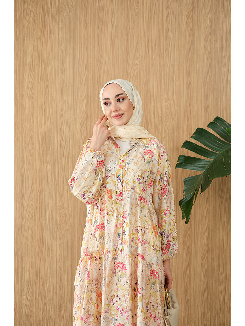 Ekru Kadın Yeni Bahar Desenli Elbise Krem-2