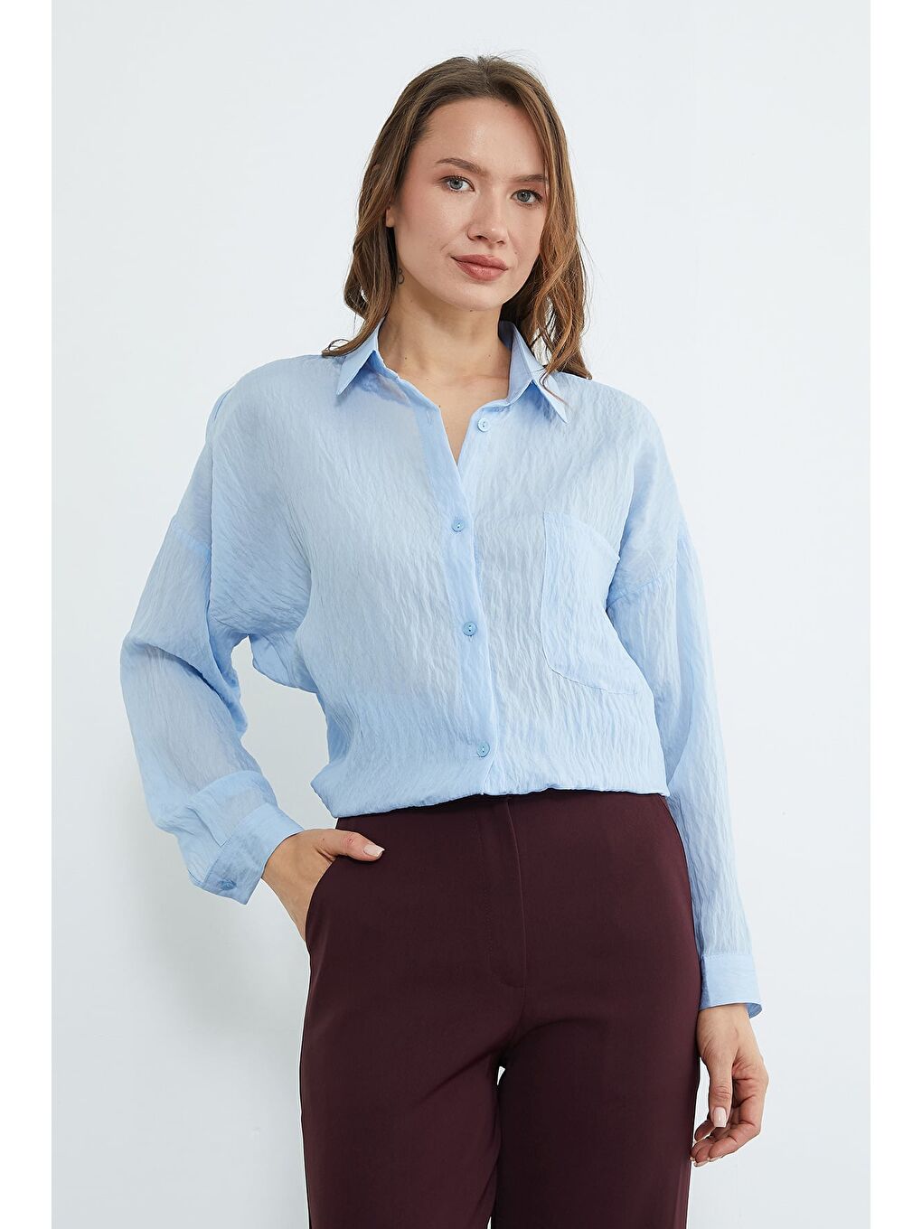 Mavi Tek Cepli Çapraz Düğmeli Oversize Gömlek-1