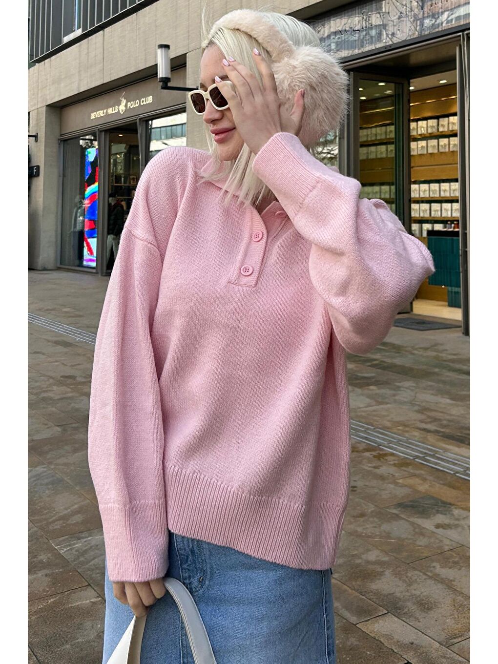 Pembe Düğmeli Polo Yaka Kadın Kazak Mg2307