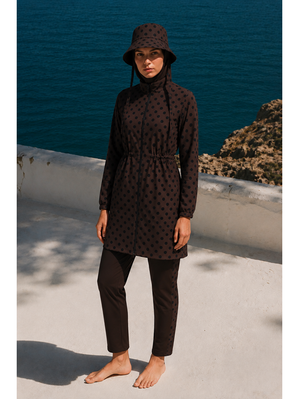 Kahverengi Pearl Dot | Siyah Puantiyeli Kahve Stoperli Tesettür Mayo 5 Li Set