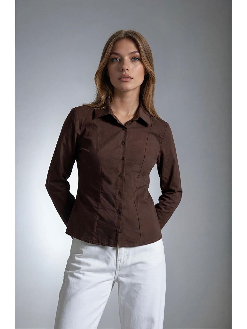 Kahverengi Vücuda Oturan Slim Fit Kadın Gömlek Mg2659-1