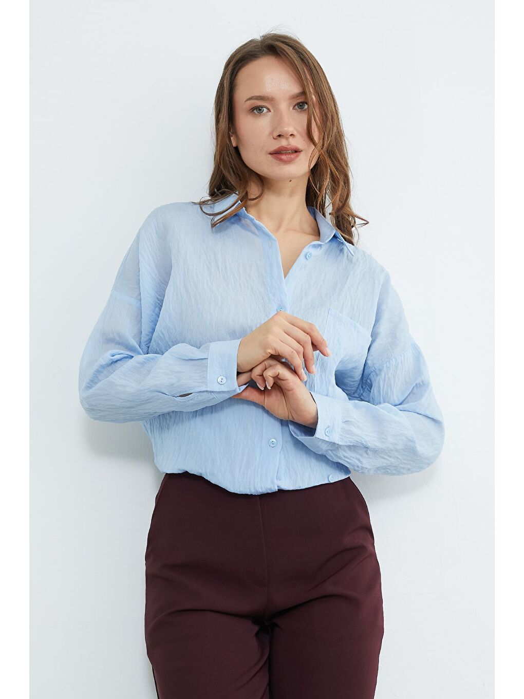 Mavi Tek Cepli Çapraz Düğmeli Oversize Gömlek-2