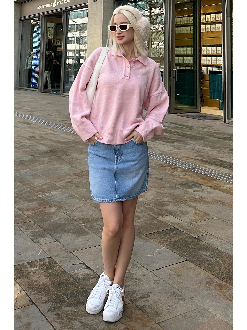 Pembe Düğmeli Polo Yaka Kadın Kazak Mg2307-1