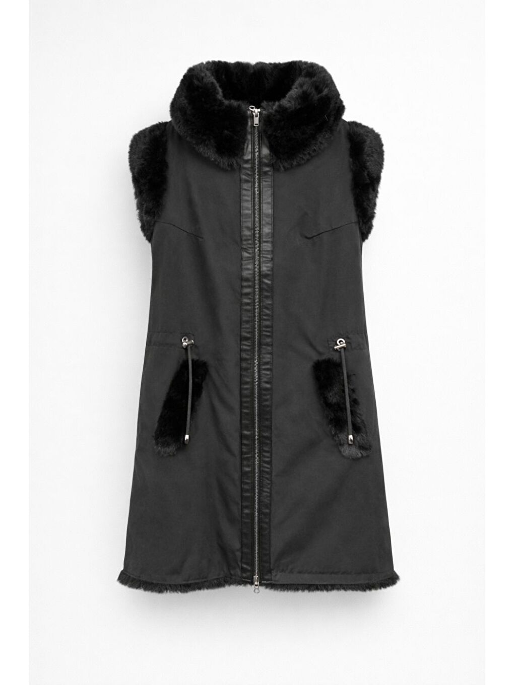 İçi Kürklü Bel Büzgülü Uzun Siyah Yelek-3