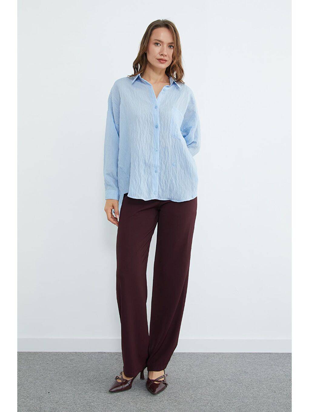 Mavi Tek Cepli Çapraz Düğmeli Oversize Gömlek-3