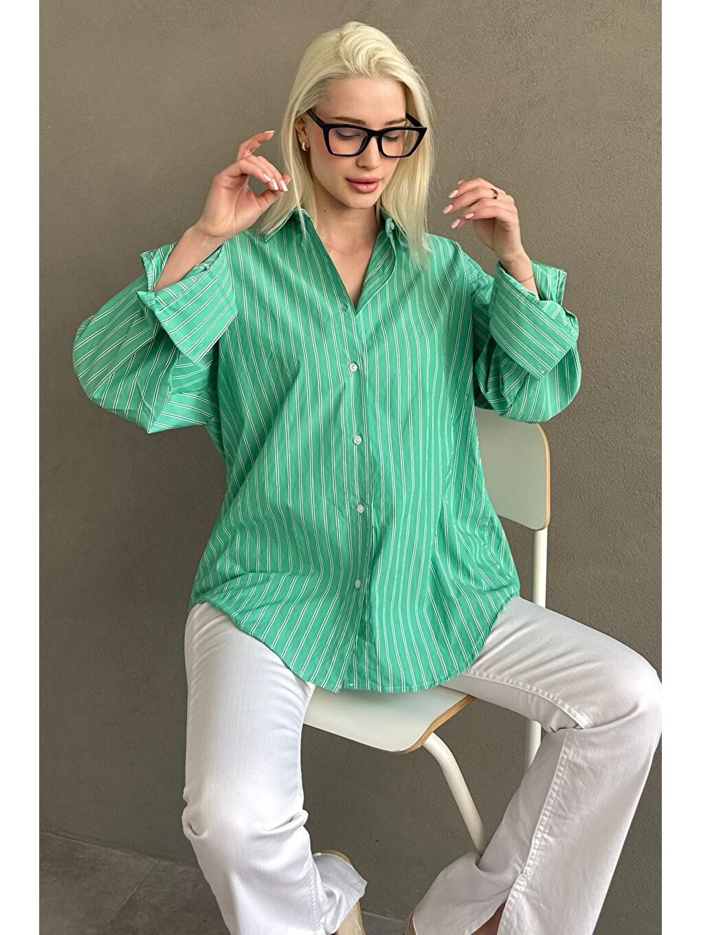 Mint Yeşili Çizgili Regular Kesim Kadın Gömlek Mg2610-5
