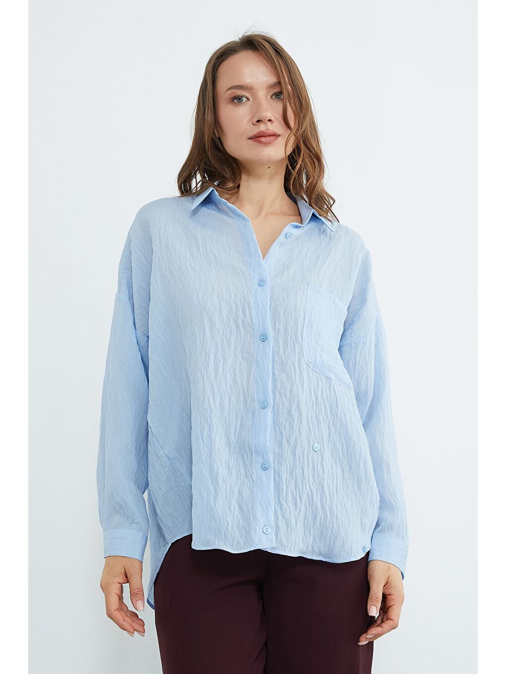 Mavi Tek Cepli Çapraz Düğmeli Oversize Gömlek-4