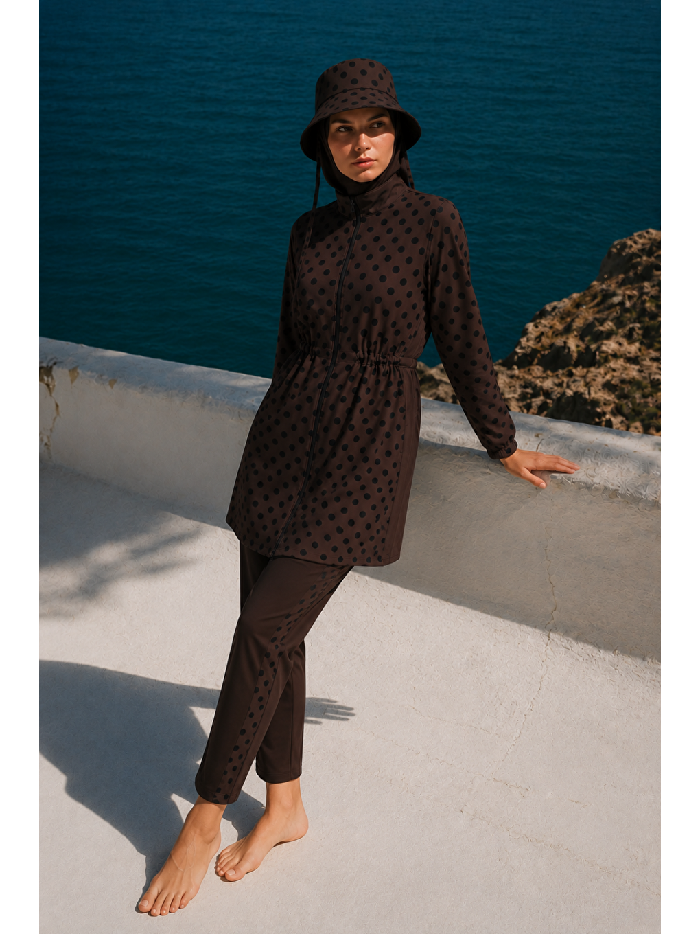 Kahverengi Pearl Dot | Siyah Puantiyeli Kahve Stoperli Tesettür Mayo 5 Li Set-1