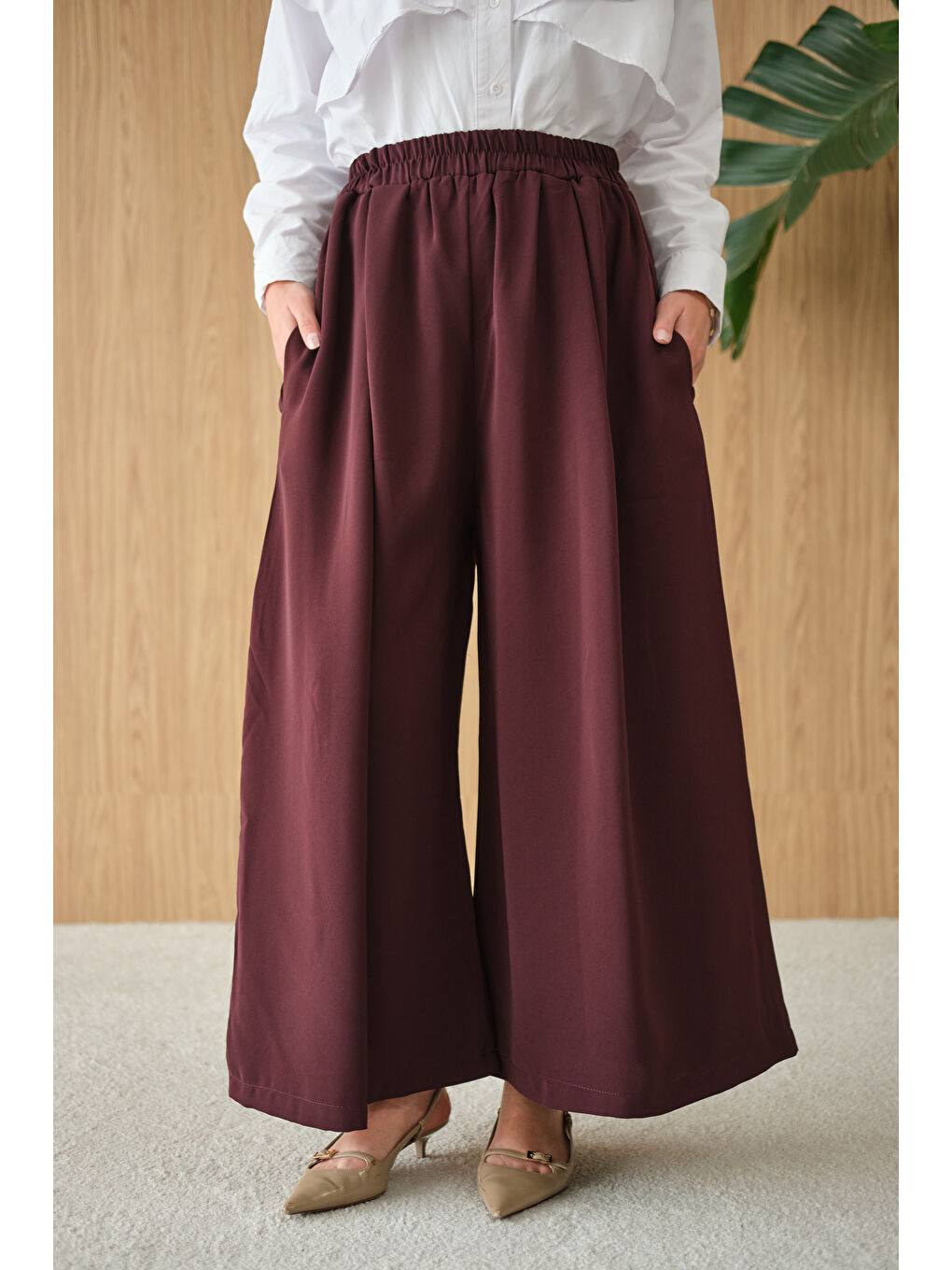 Kadın Beli Lastikli Bol Paça Kumaş Pantolon Mürdüm-2